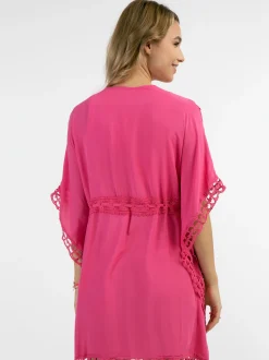 IZIA Damen Kimono mit Lochspitze in pink - Länge: mittel