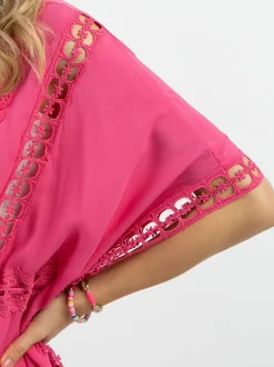 IZIA Damen Kimono mit Lochspitze in pink - Länge: mittel