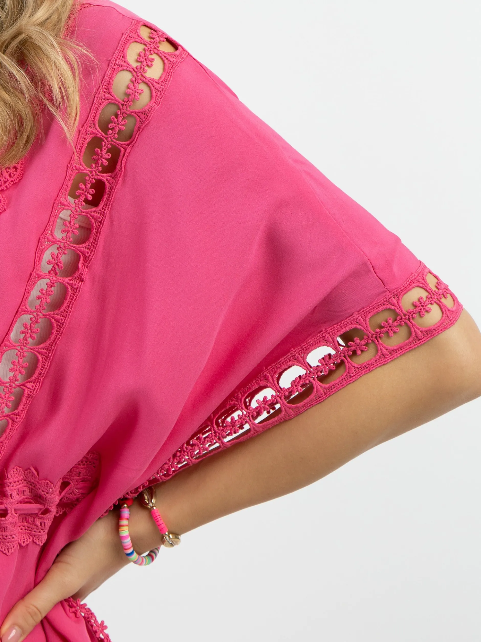 IZIA Damen Kimono mit Lochspitze in pink - Länge: mittel