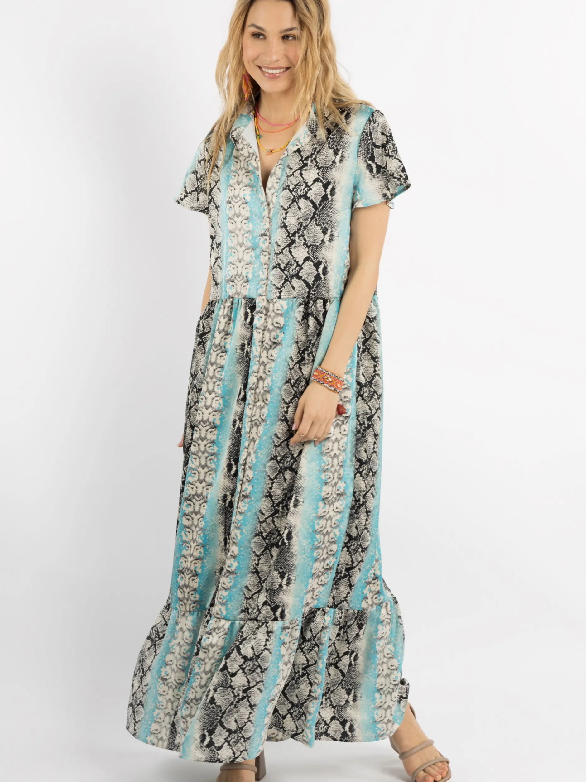 IZIA Damen Kleid kurzarm maxi in mehrfarbig