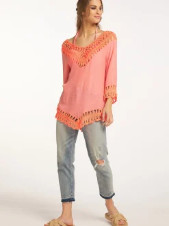 IZIA Damen Tunika mit Häkelpart in orange