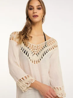IZIA Damen Tunika mit Häkelpart in weiß