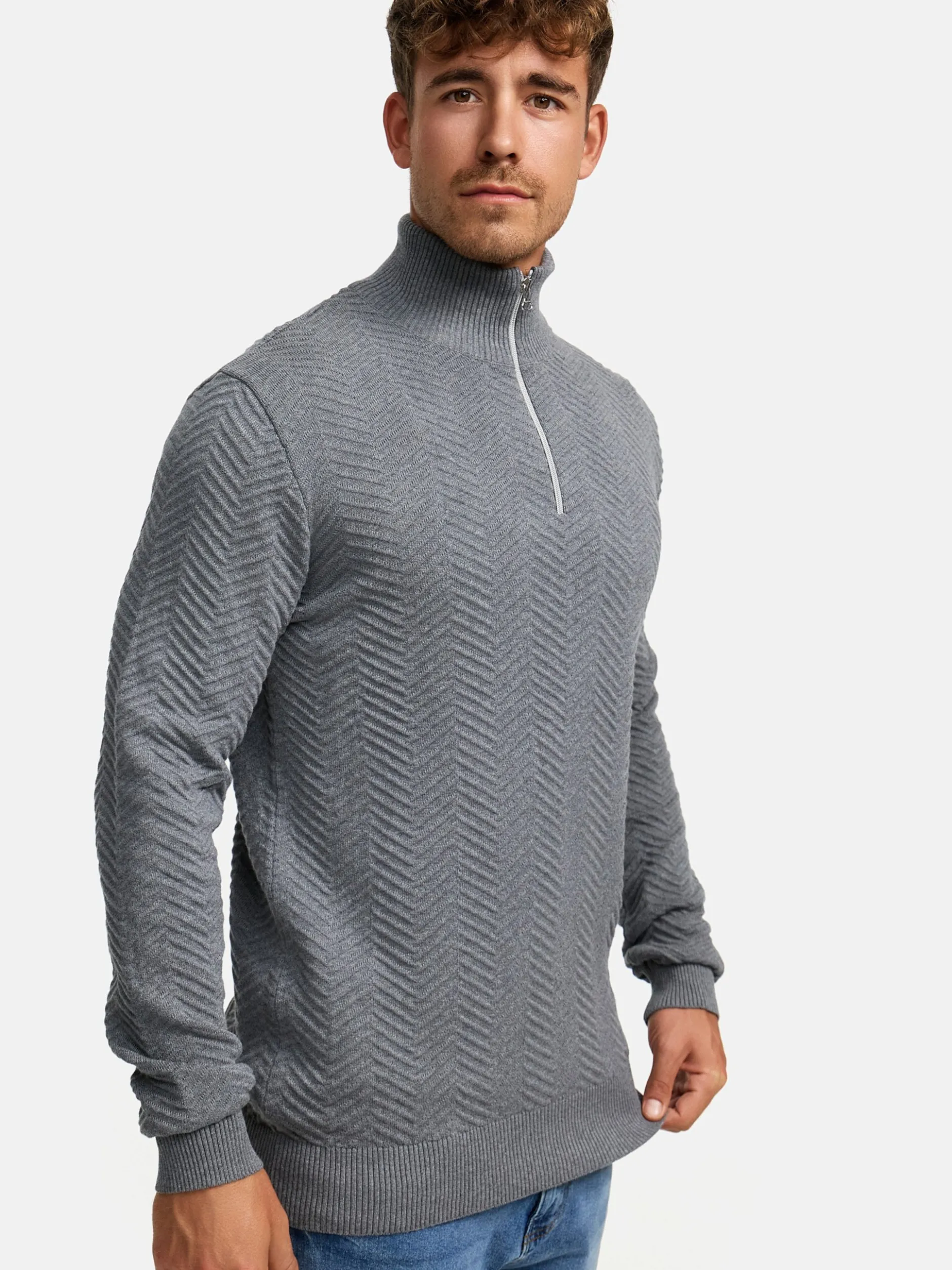 Kronstadt Herren Strickpullover - KSCarlo Half-Zip in hellgrau grau