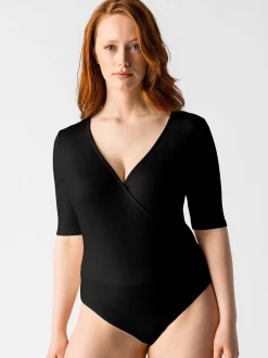 Les Lunes Damen Body mit 3/4-Arm in Wickeloptik in schwarz