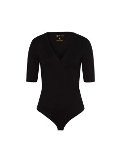 Les Lunes Damen Body mit 3/4-Arm in Wickeloptik in schwarz