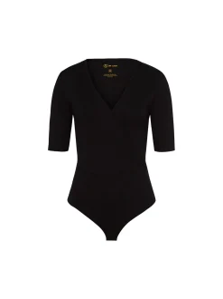 Les Lunes Damen Body mit 3/4-Arm in Wickeloptik in schwarz