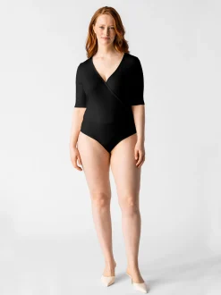 Les Lunes Damen Body mit 3/4-Arm in Wickeloptik in schwarz