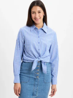 Marie Lund Collection Damen Hemdbluse mit Leinen-Anteil in blau weiß