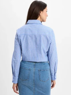 Marie Lund Collection Damen Hemdbluse mit Leinen-Anteil in blau weiß