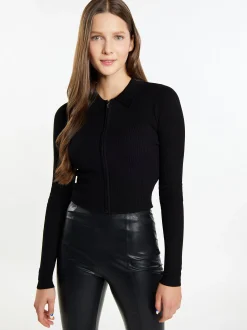 MyMo Damen Cropped Strickjacke in schwarz