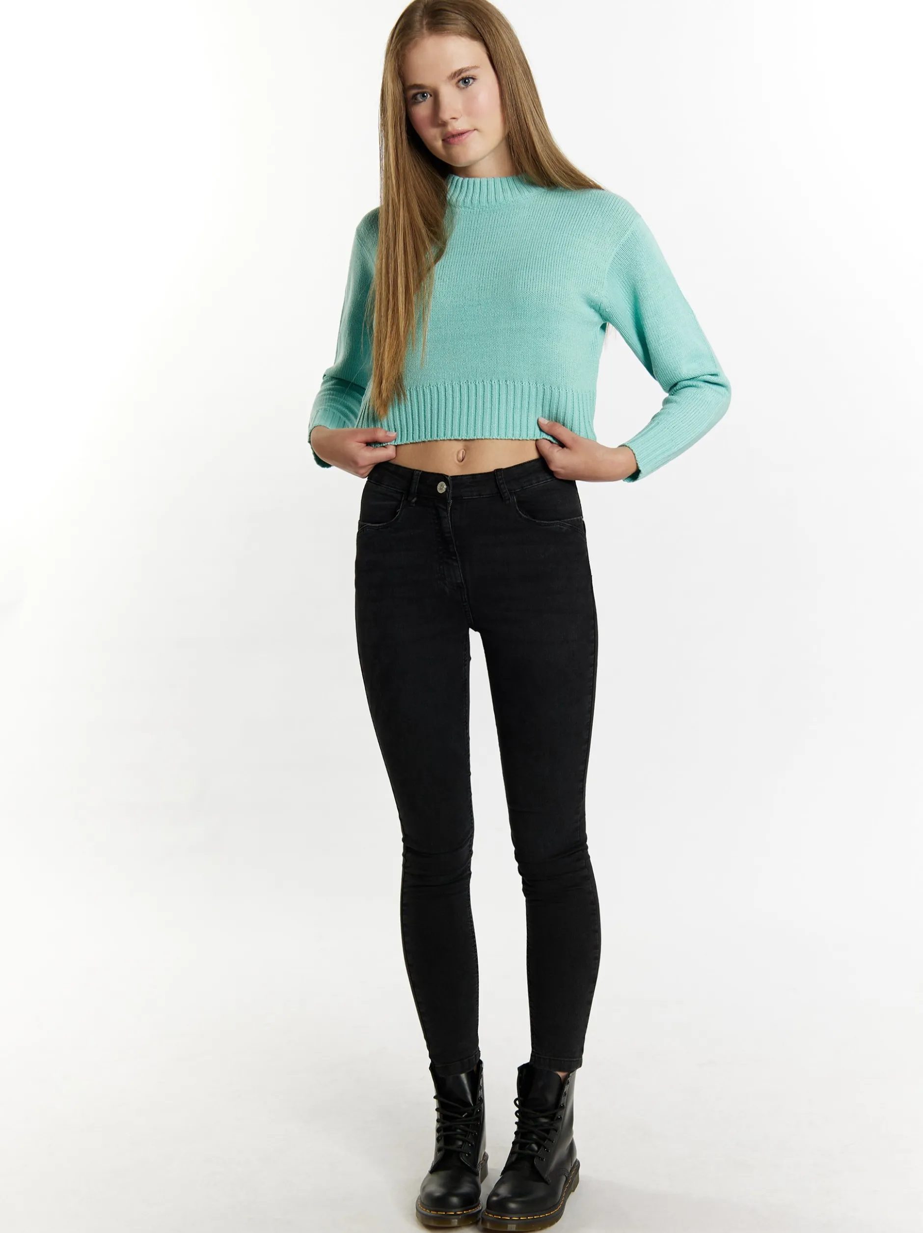 MyMo Damen Kurzer Pullover in aqua