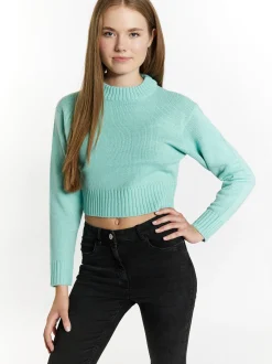 MyMo Damen Kurzer Pullover in aqua