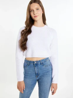MyMo Damen Kurzer Strickpullover in ecru