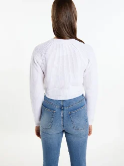 MyMo Damen Kurzer Strickpullover in ecru