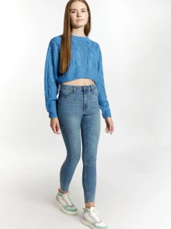 MyMo Damen Kurzer Strickpullover in hellblau