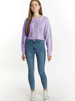 MyMo Damen Kurzer Strickpullover in lila