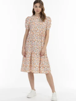 MyMo Damen Midi-Kurzarmkleid in beige mehrfarbig