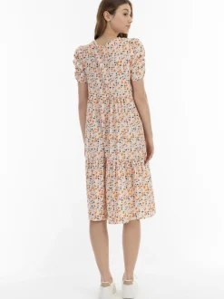 MyMo Damen Midi-Kurzarmkleid in beige mehrfarbig