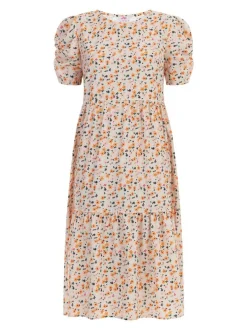 MyMo Damen Midi-Kurzarmkleid in beige mehrfarbig