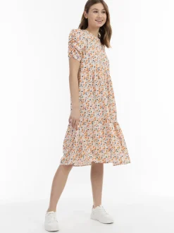 MyMo Damen Midi-Kurzarmkleid in beige mehrfarbig