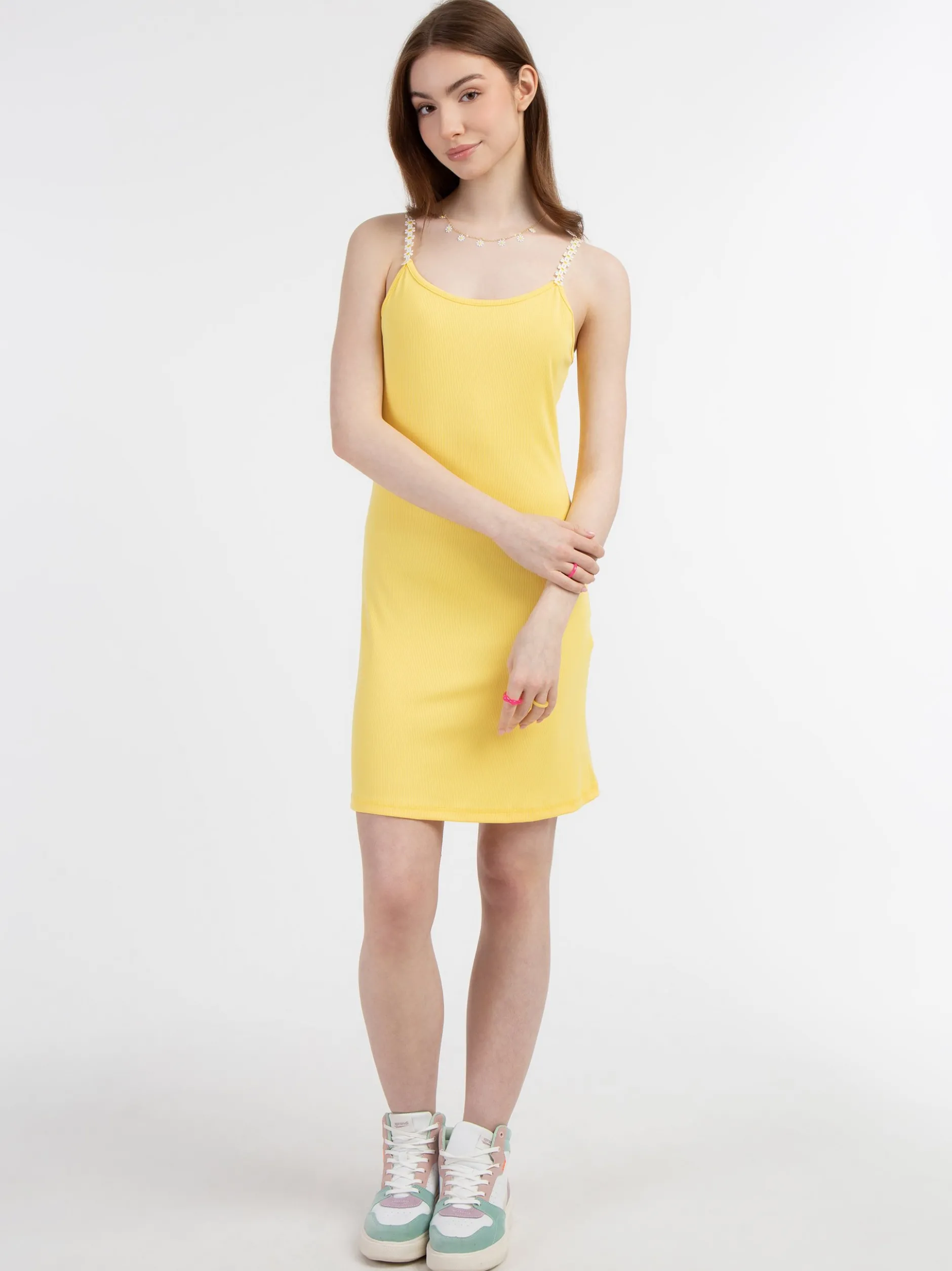 MyMo Damen Minikleid aus Rippstrick in gelb