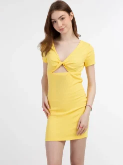 MyMo Damen Minikleid aus Rippstrick in gelb