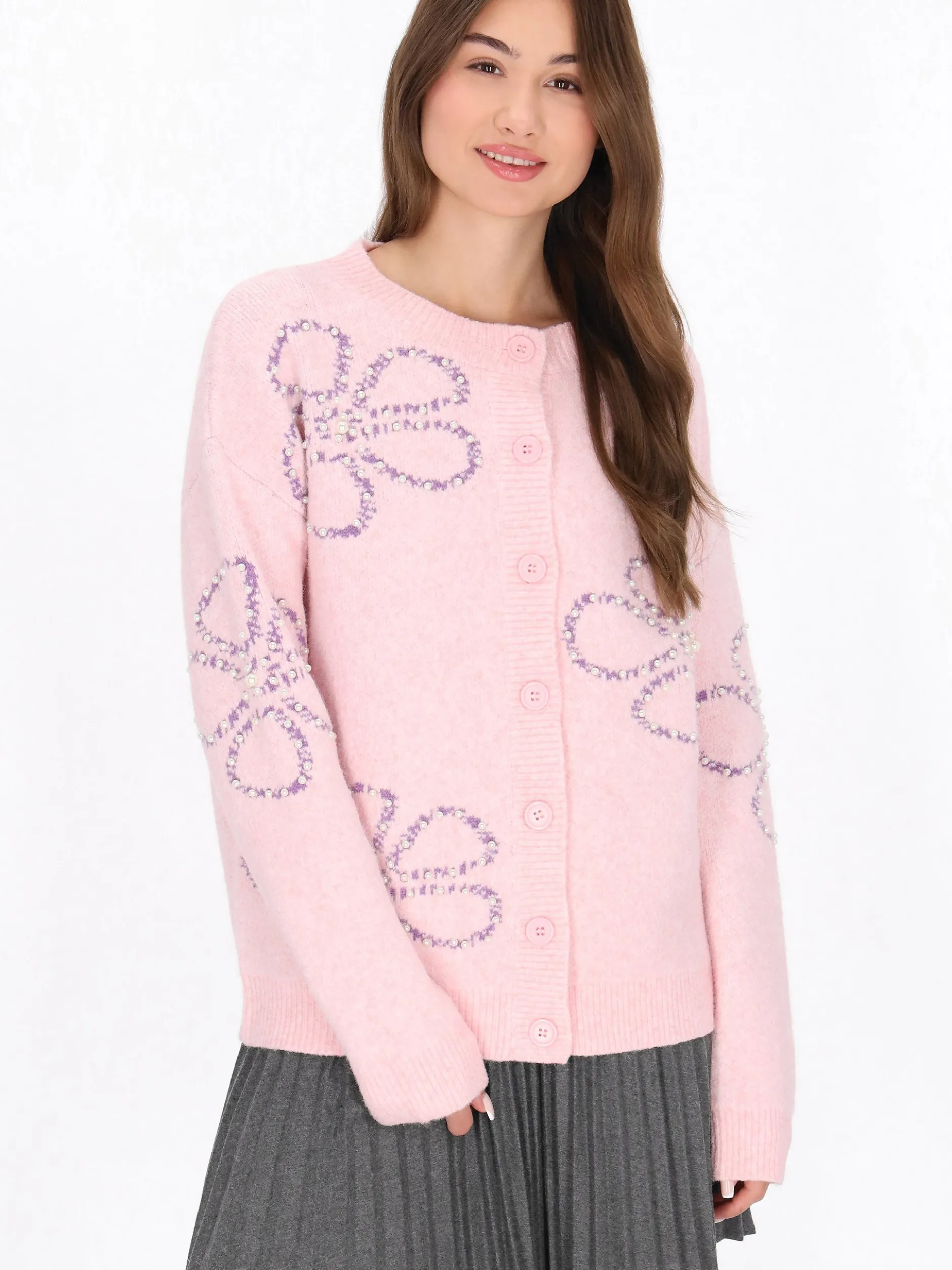 MyMo Damen Strickjacke in pink - Ausschnitt: Rundhals