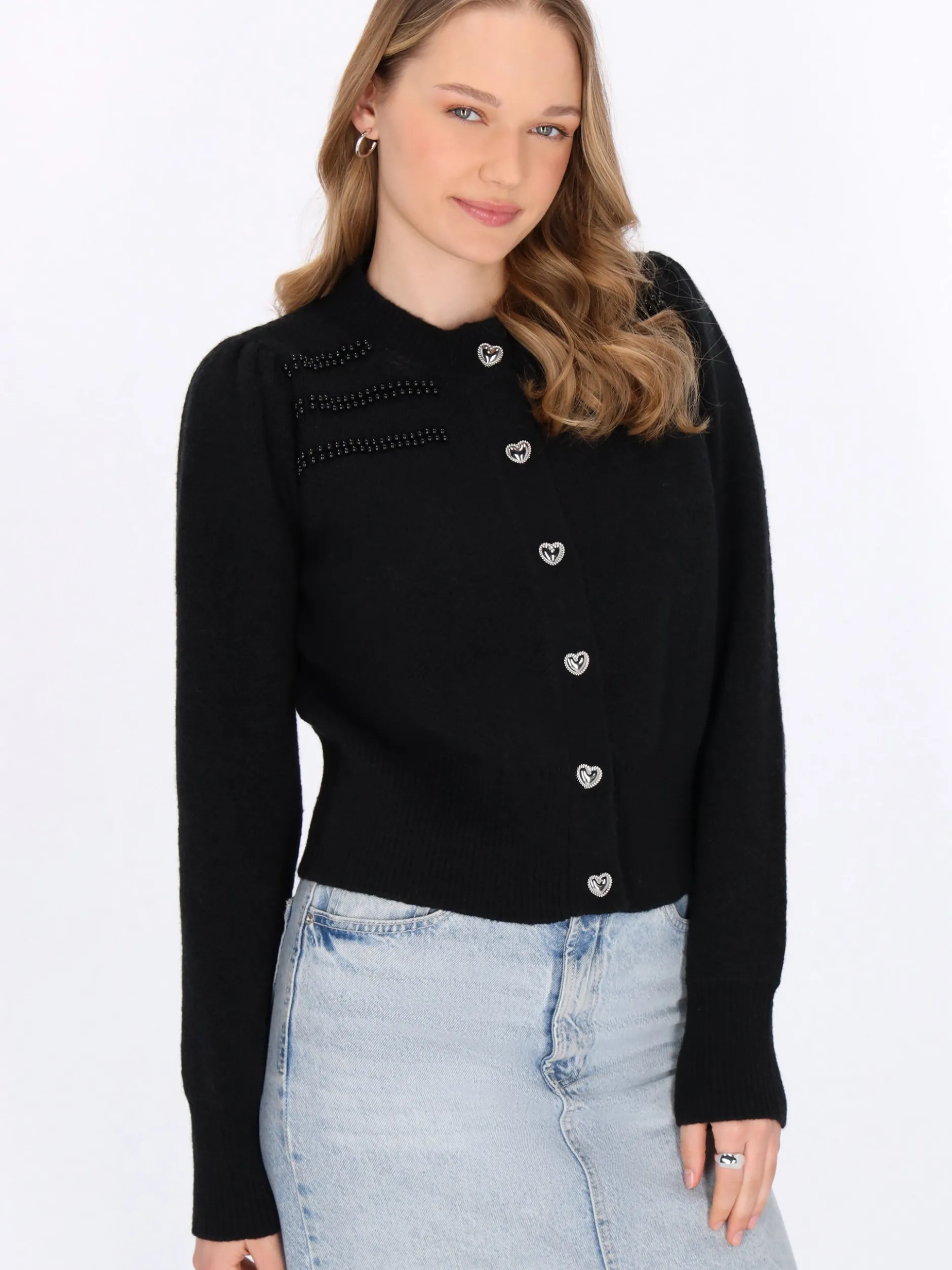 MyMo Damen Strickjacke in schwarz - Ausschnitt: Rundhals