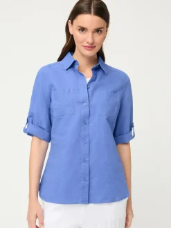 Olsen Damen Leinenbluse in blau - Ärmel: Halbarm