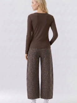 Oui Damen Langarmshirt in braun - Ausschnitt: Rundhals
