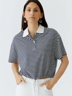 Oui Damen Poloshirt in blau weiß - Ärmel: Halbarm