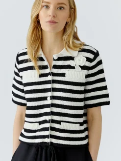 Oui Damen Strickjacke in weiß schwarz - Ärmel: kurzarm