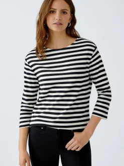 Oui Damen T-Shirt in schwarz weiß - Ausschnitt: U-Boot