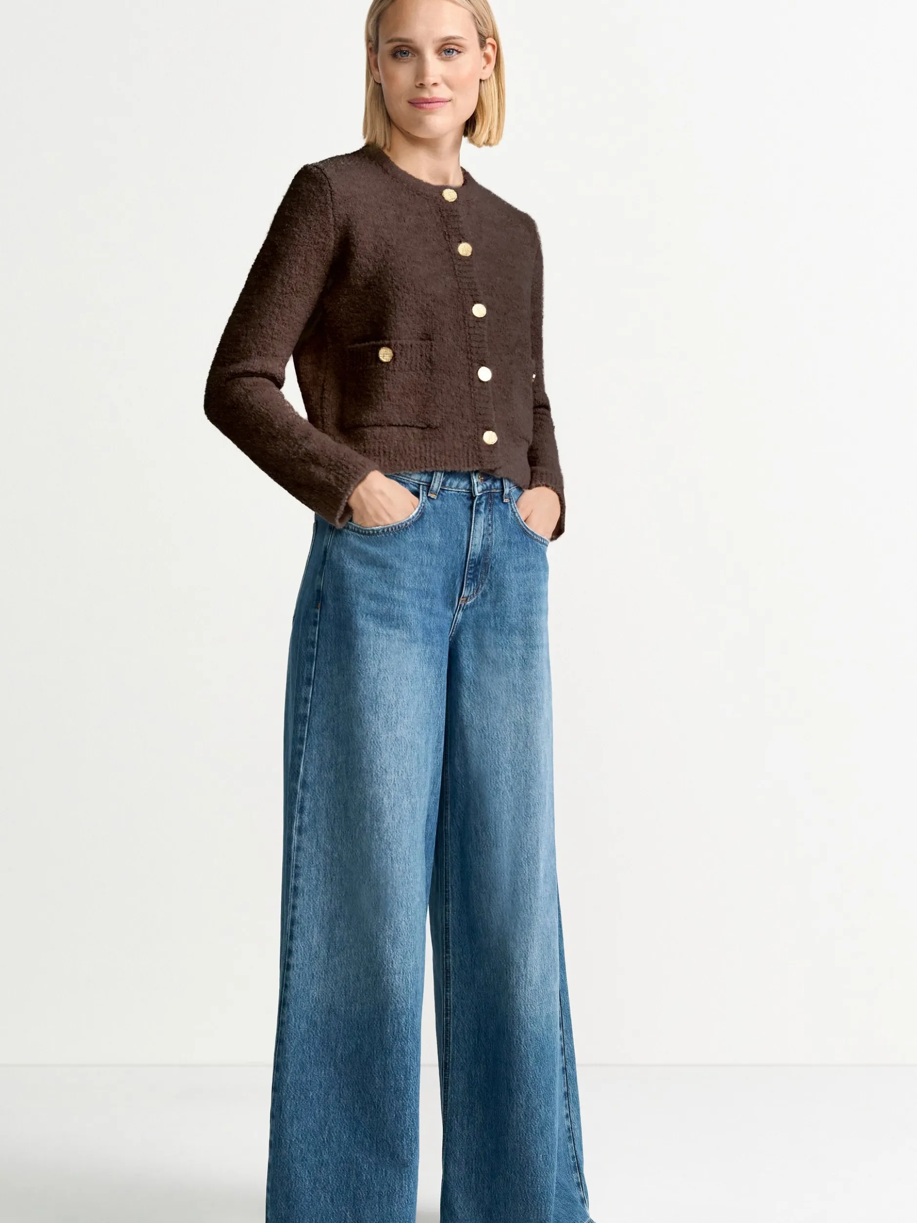 Rich & Royal Damen Bouclé-Strickjacke mit Woll-Anteil in schoko