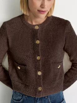 Rich & Royal Damen Bouclé-Strickjacke mit Woll-Anteil in schoko