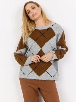 soyaconcept® Damen Strickpullover mit Wollanteil - SC-Acacie 1 in hellgrau cognac