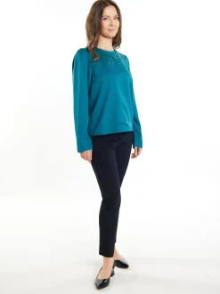 Usha Damen Bluse in blau - Ausschnitt: Rundhals
