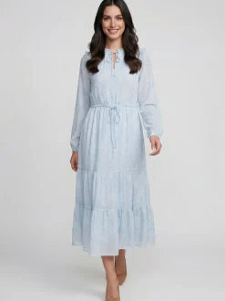 Usha Damen Kleid in blau beige - Ausschnitt: Rundhals