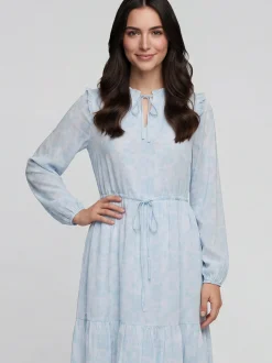 Usha Damen Kleid in blau beige - Ausschnitt: Rundhals