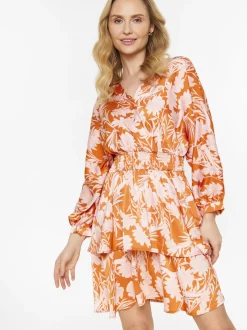 Usha Damen Kleid in orange weiß - Länge: mittel