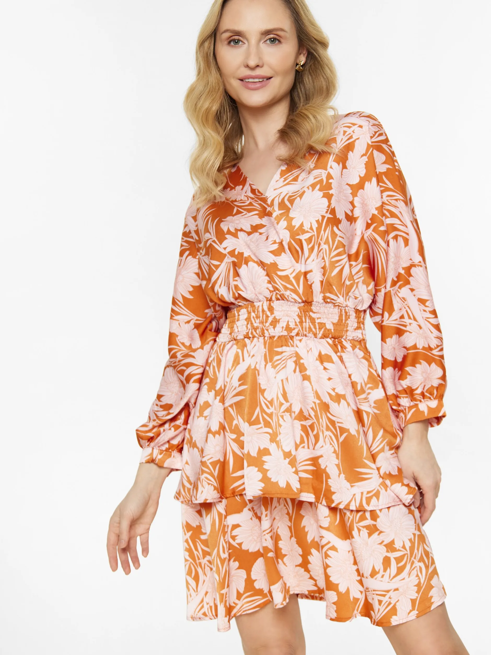 Usha Damen Kleid in orange weiß - Länge: mittel
