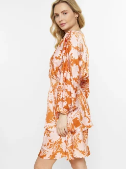 Usha Damen Kleid in orange weiß - Länge: mittel