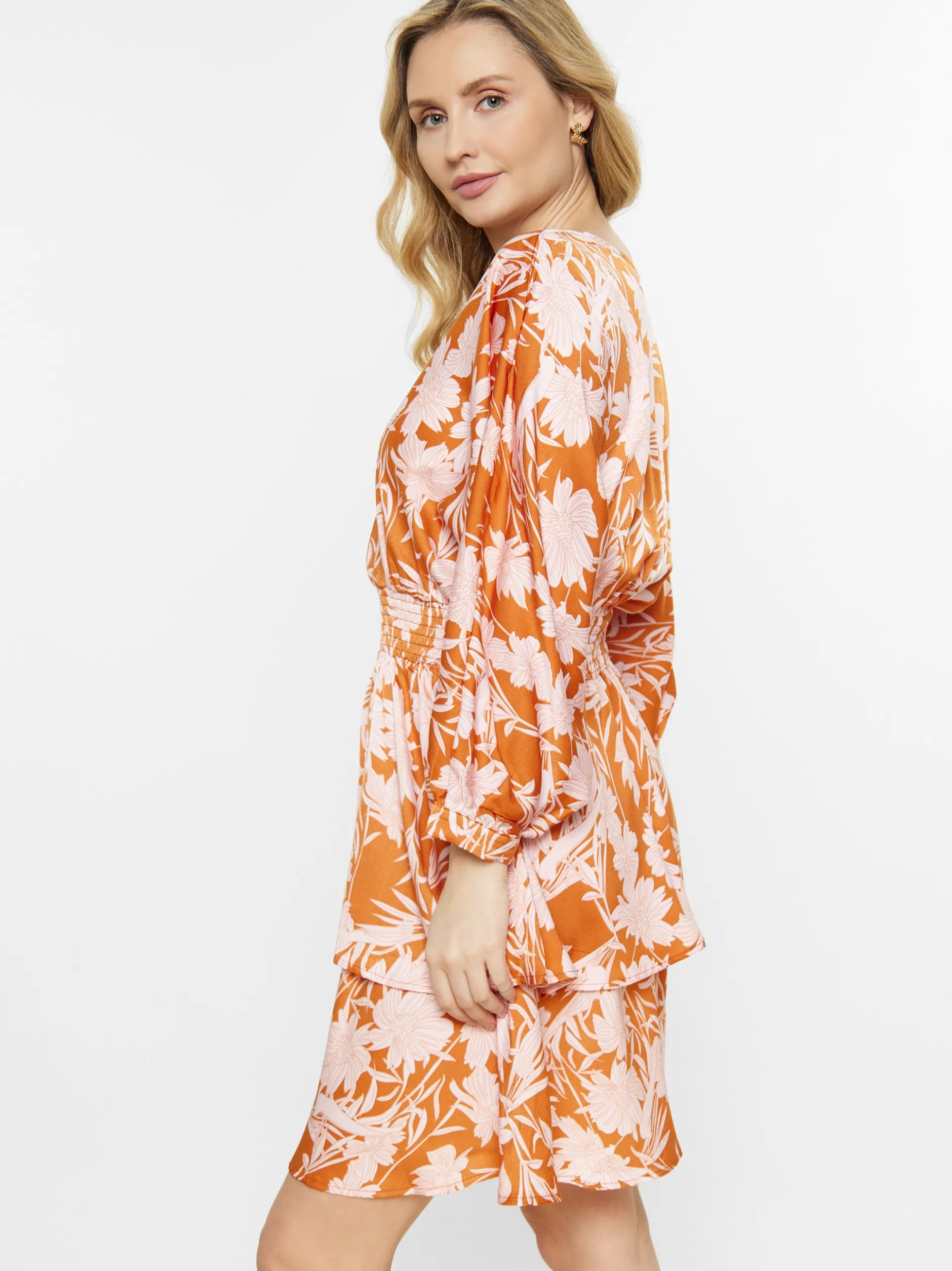 Usha Damen Kleid in orange weiß - Länge: mittel