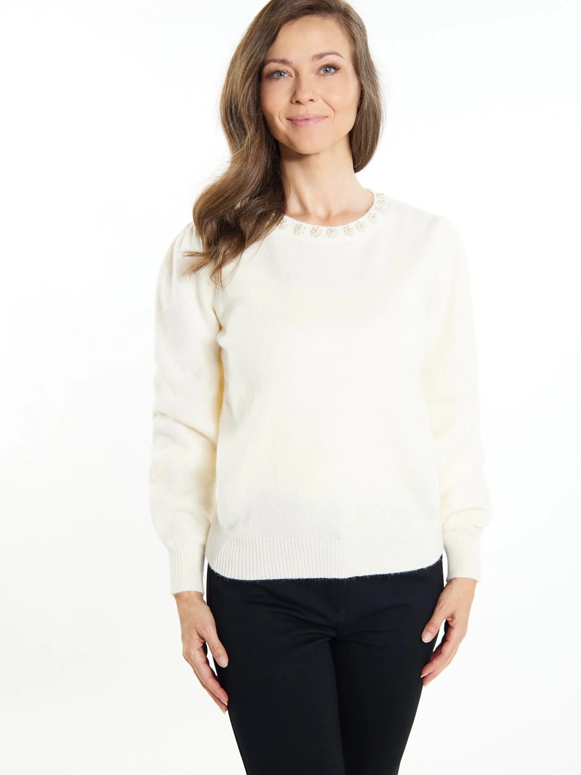 Usha Damen Pullover mit Perlen in weiß