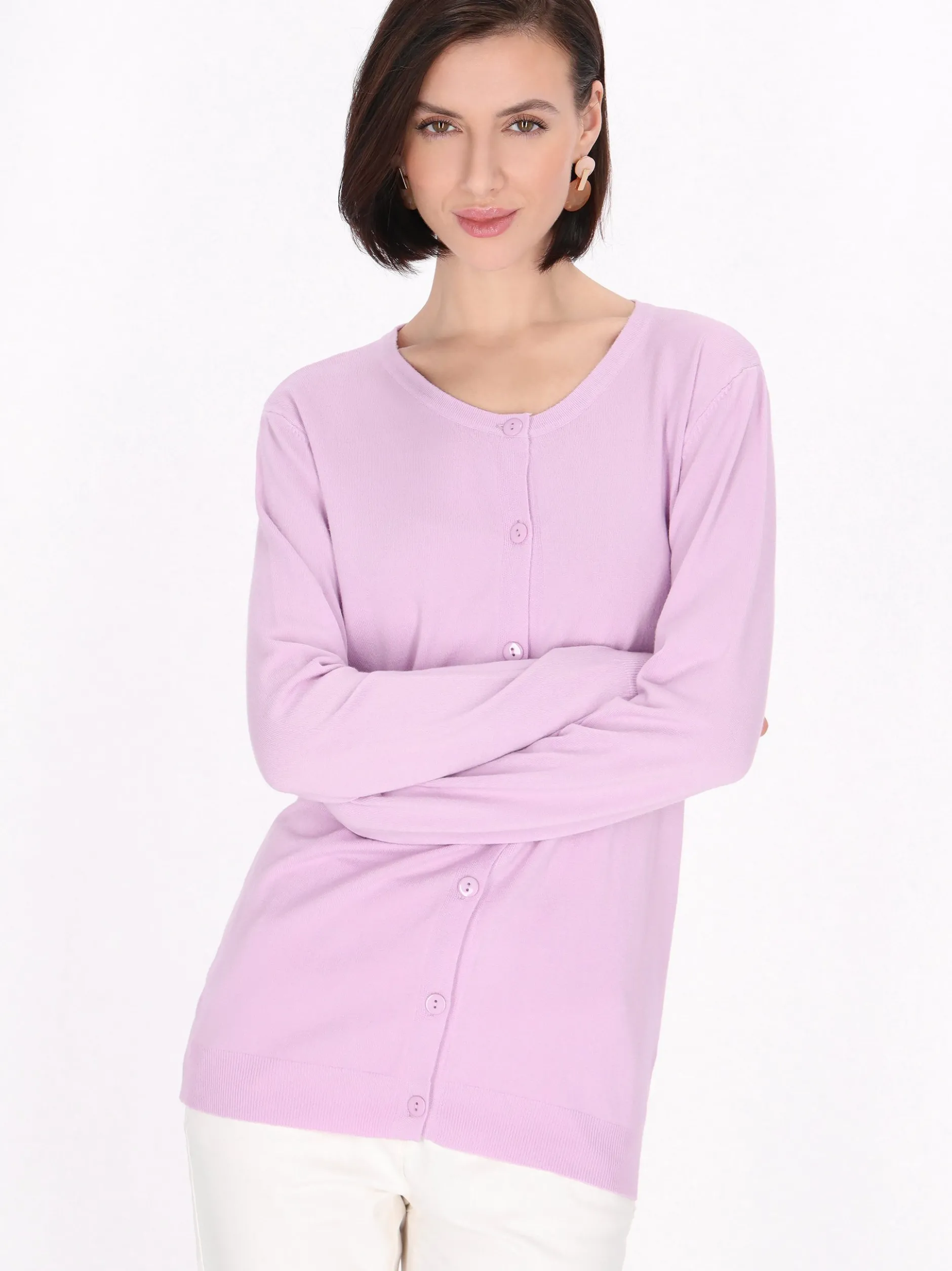 Usha Damen Strickjacke in purple - Ausschnitt: Rundhals
