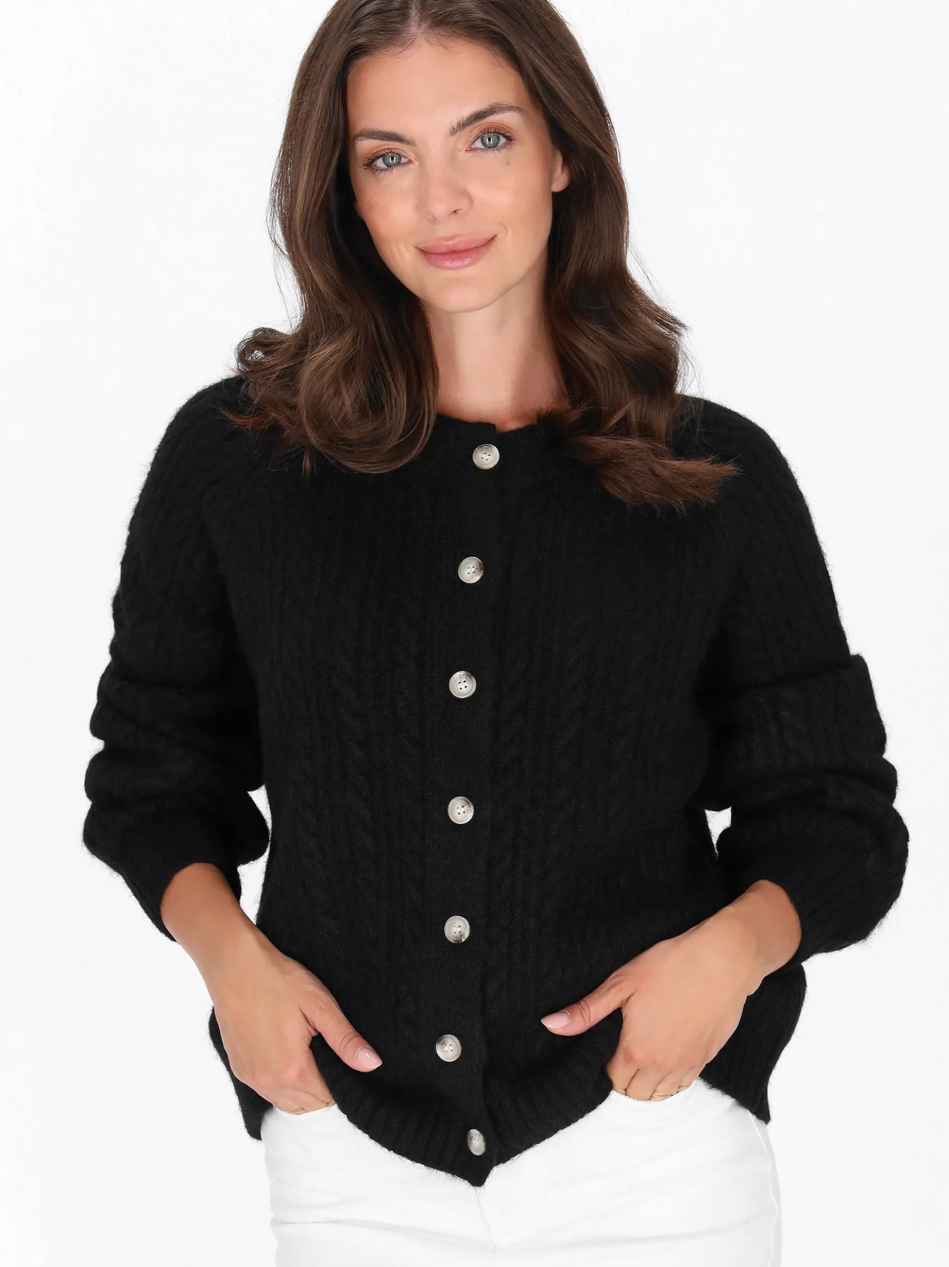 Usha Damen Strickjacke in schwarz - Ausschnitt: Rundhals