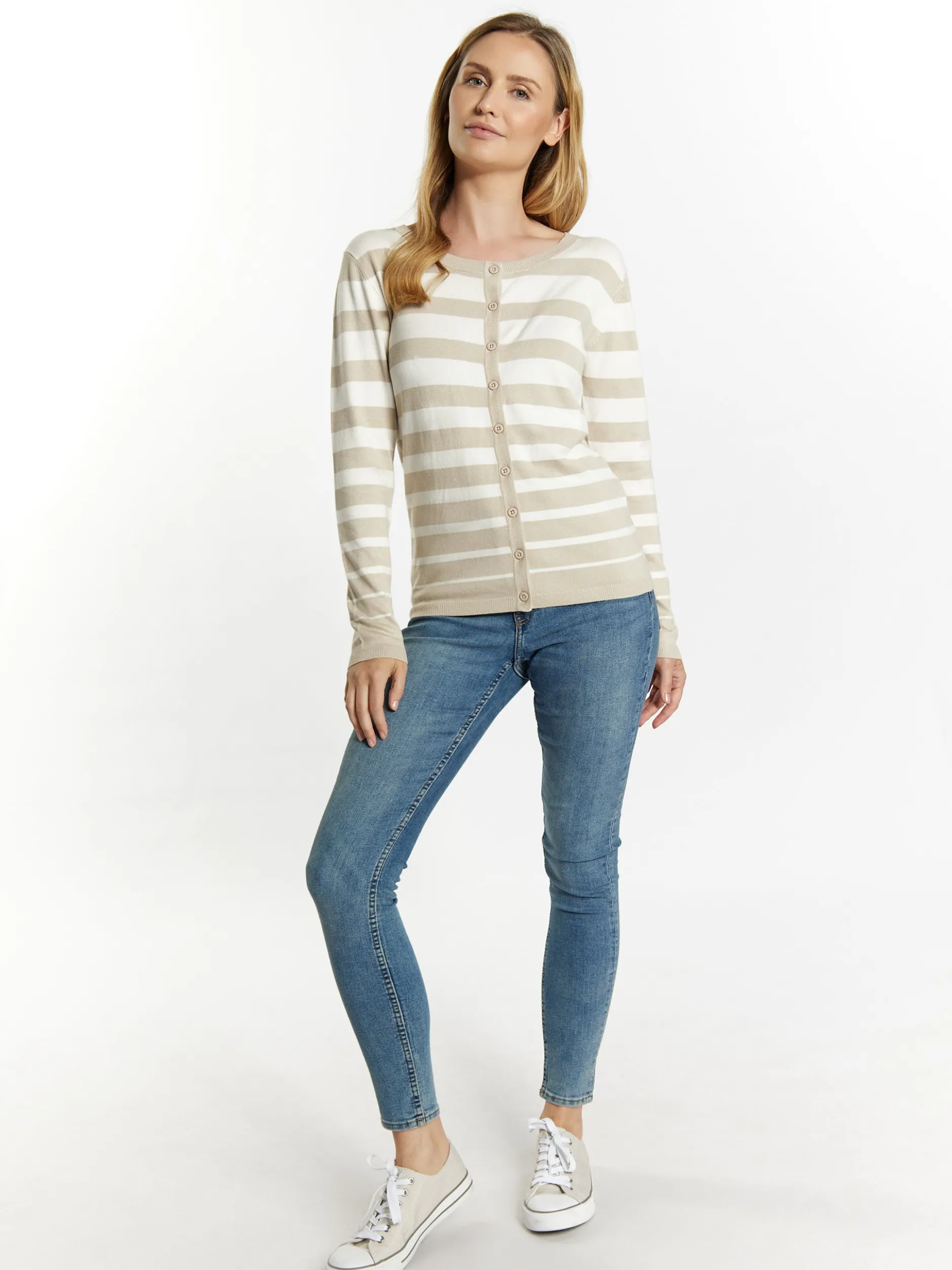 Usha Damen Strickjacke in weiß - Ausschnitt: Rundhals